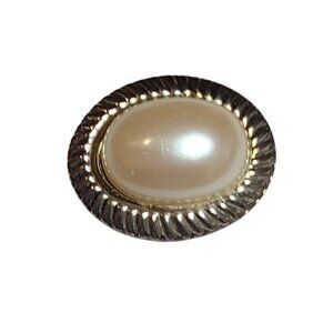Vintage Pearl Oval Scarf Clip Brooch Silver Tone Swirl Edge Costume Jewelry